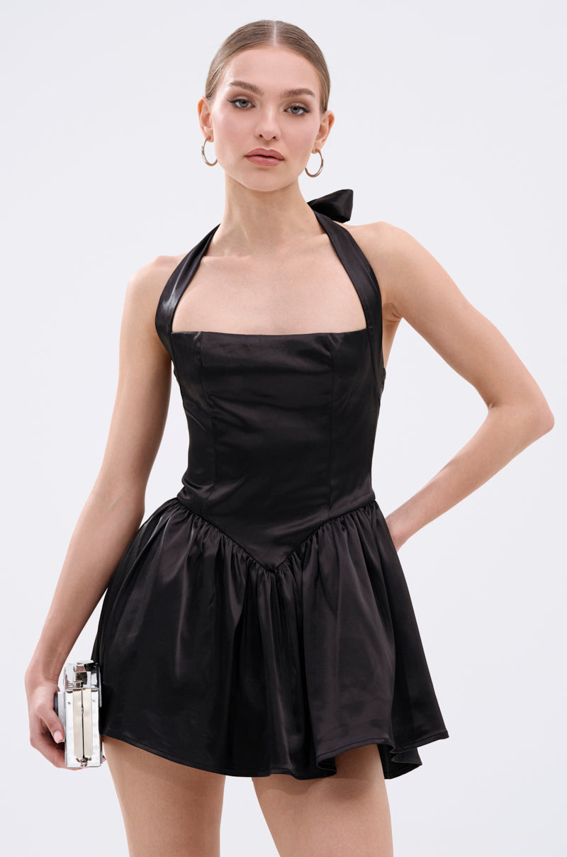 LIKE DAYLIGHT SATIN MINI DRESS IN BLACK