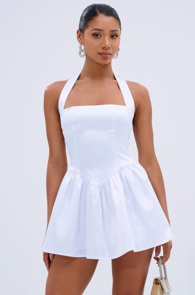 LIKE DAYLIGHT SATIN MINI DRESS IN WHITE