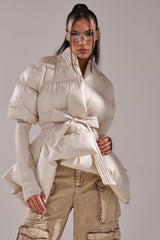 RIB SLEEVE PEPLUM PUFFER IN IVORY