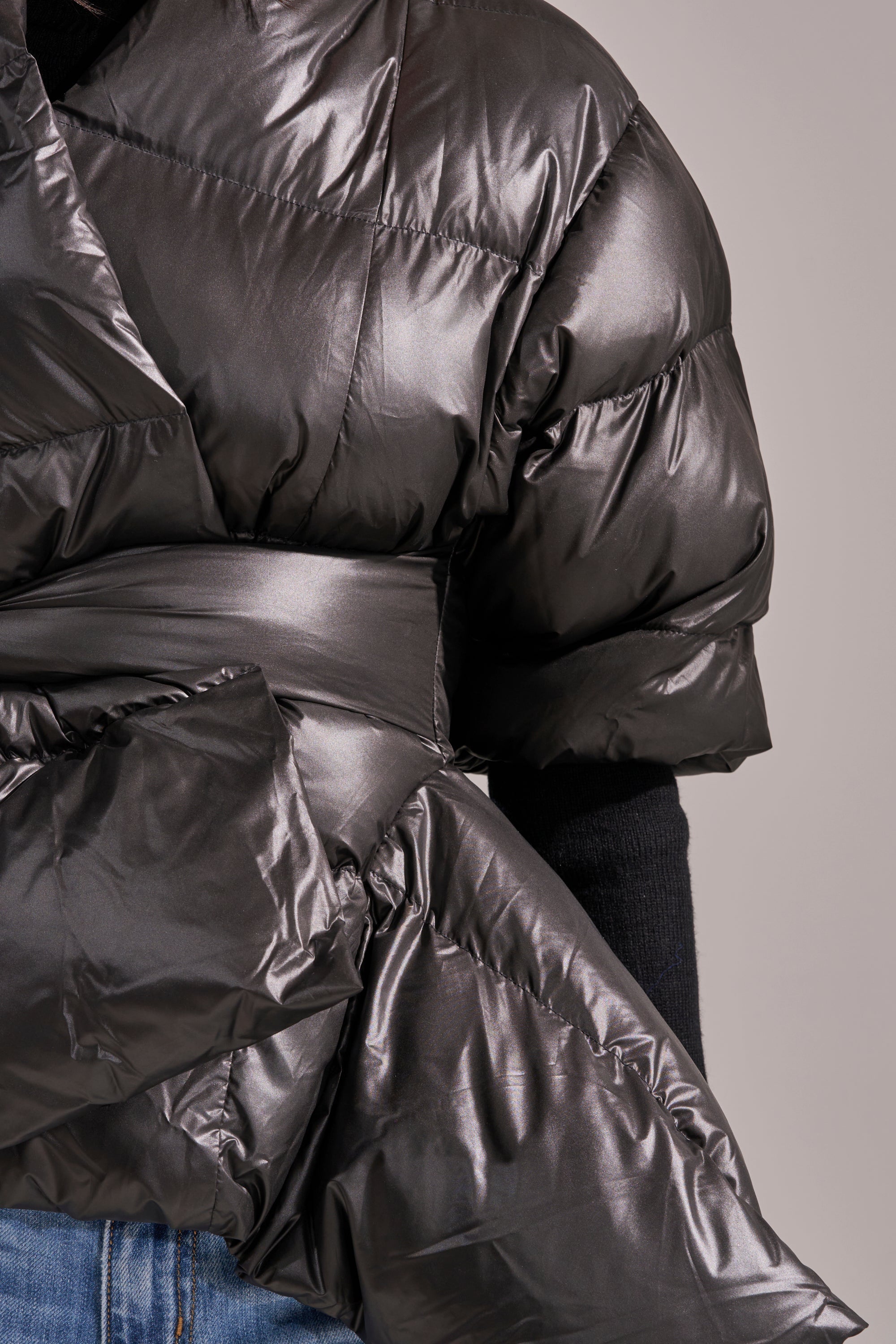 A STEP AHEAD LONG RIBBED SLEEVE PEPLUM PUFFER COAT