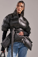 A STEP AHEAD LONG RIBBED SLEEVE PEPLUM PUFFER COAT