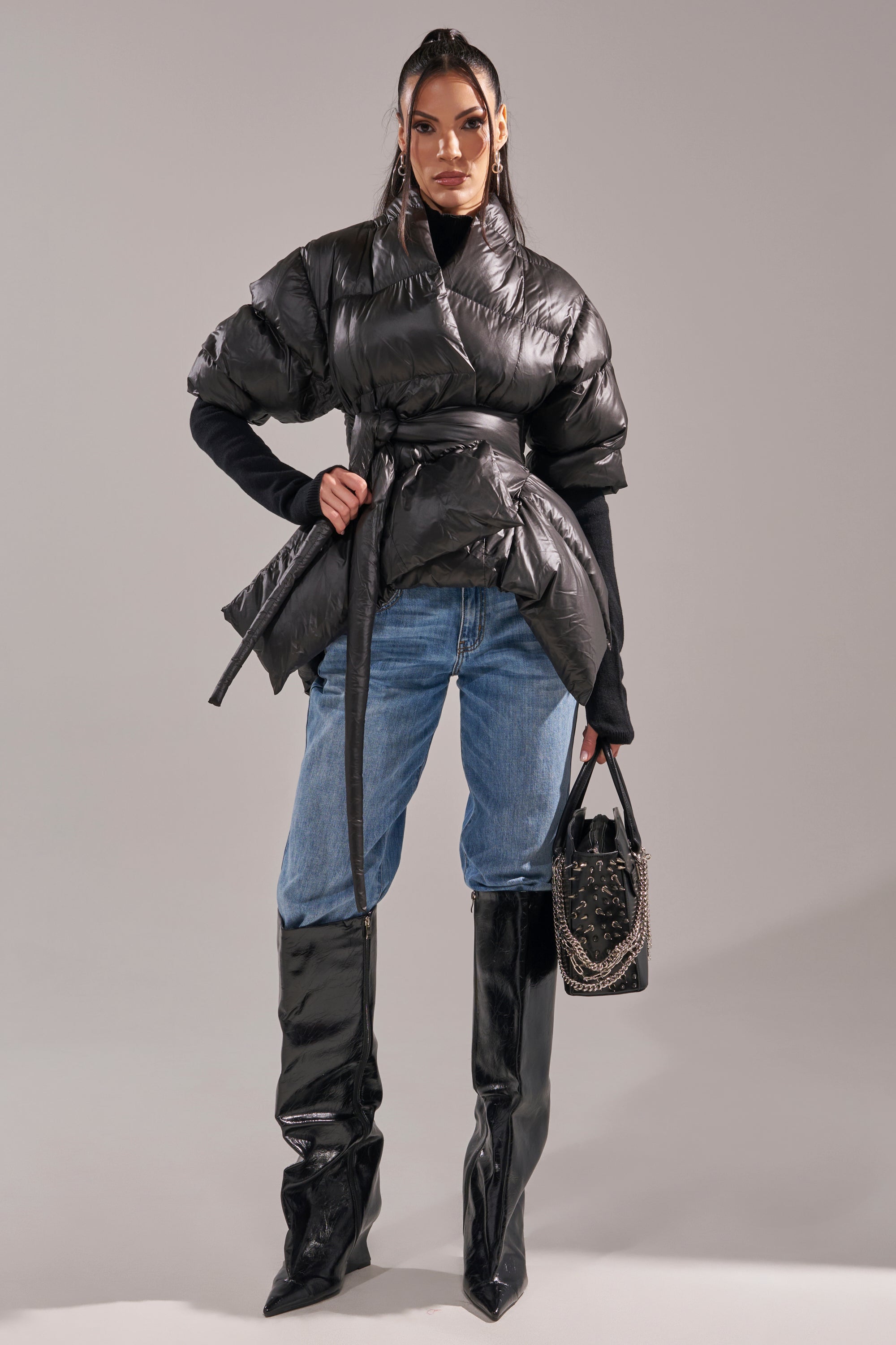 A STEP AHEAD LONG RIBBED SLEEVE PEPLUM PUFFER COAT