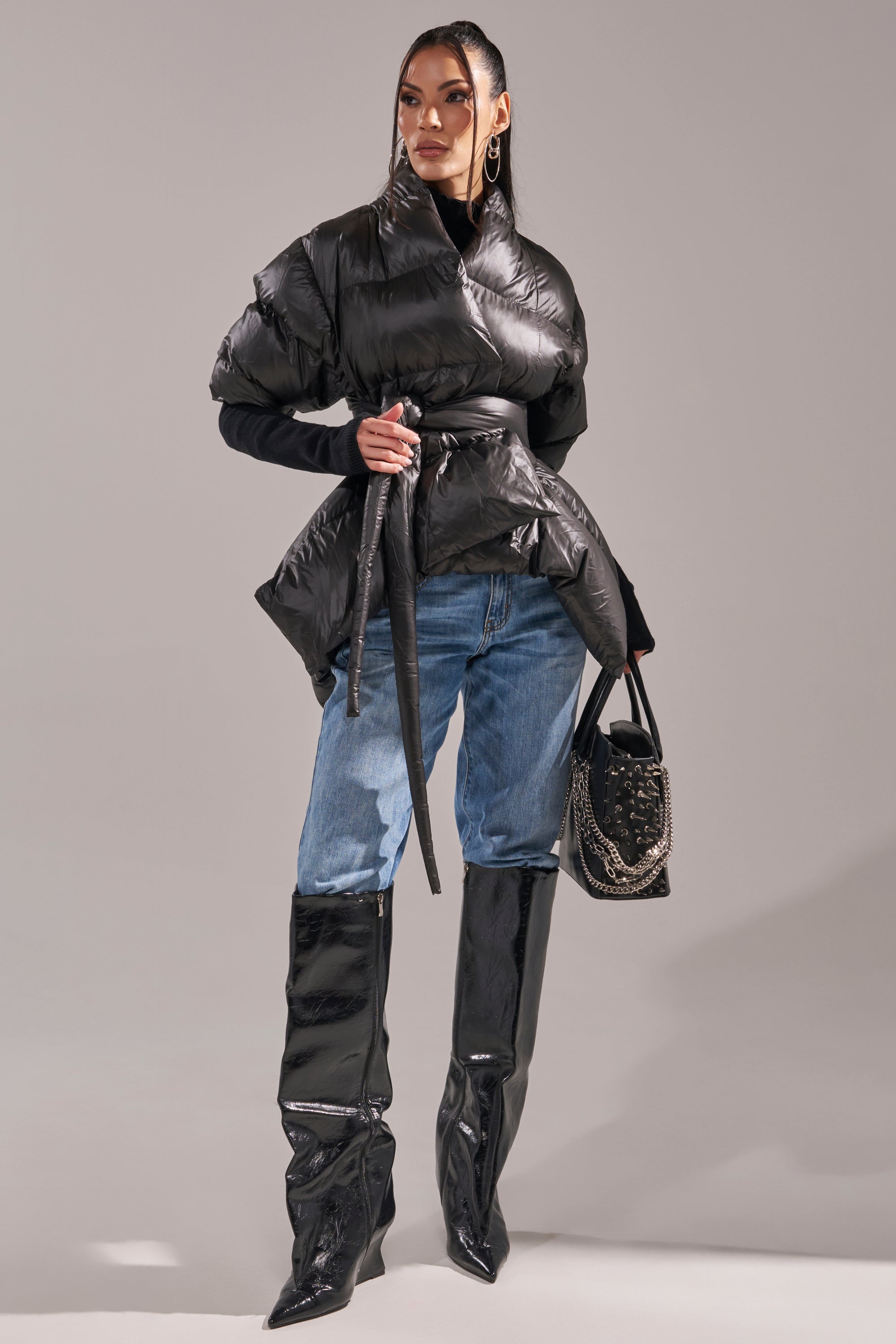 A STEP AHEAD LONG RIBBED SLEEVE PEPLUM PUFFER COAT