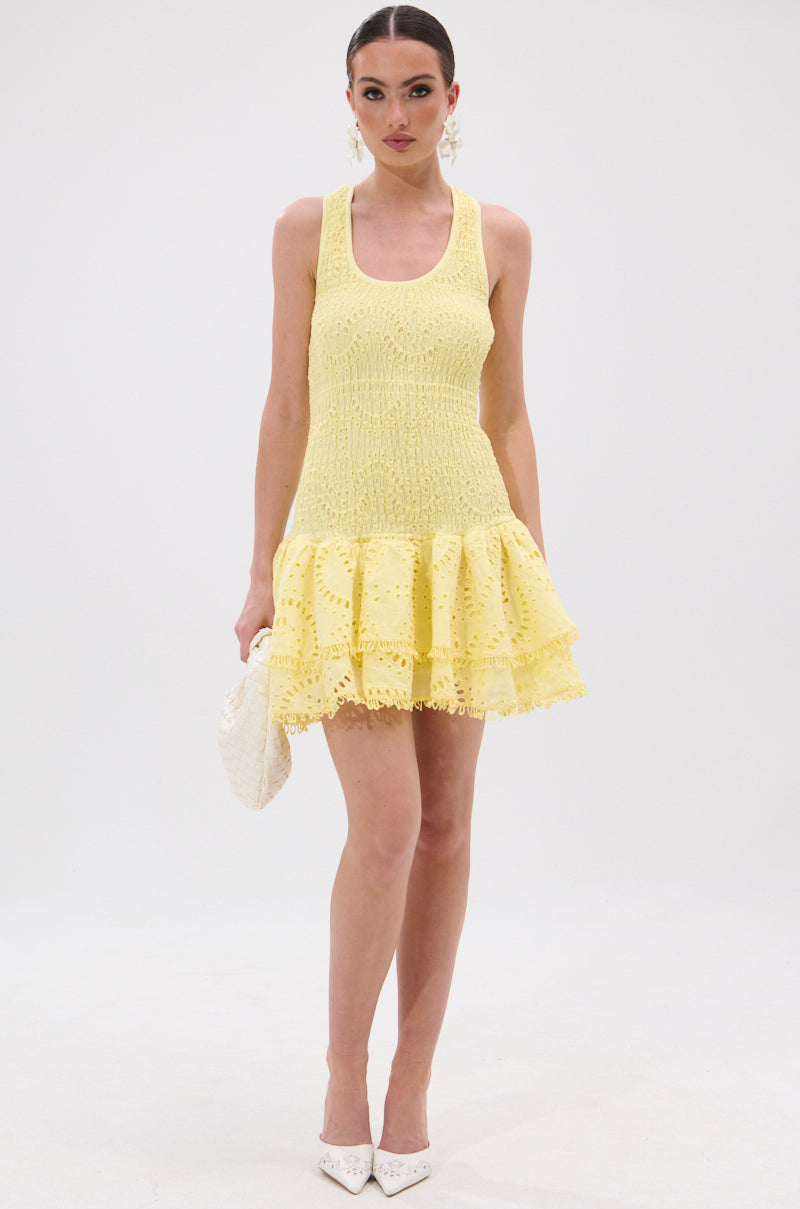 LET'S GO TO THE BEACH RUFFLE MINI DRESS IN YELLOW
