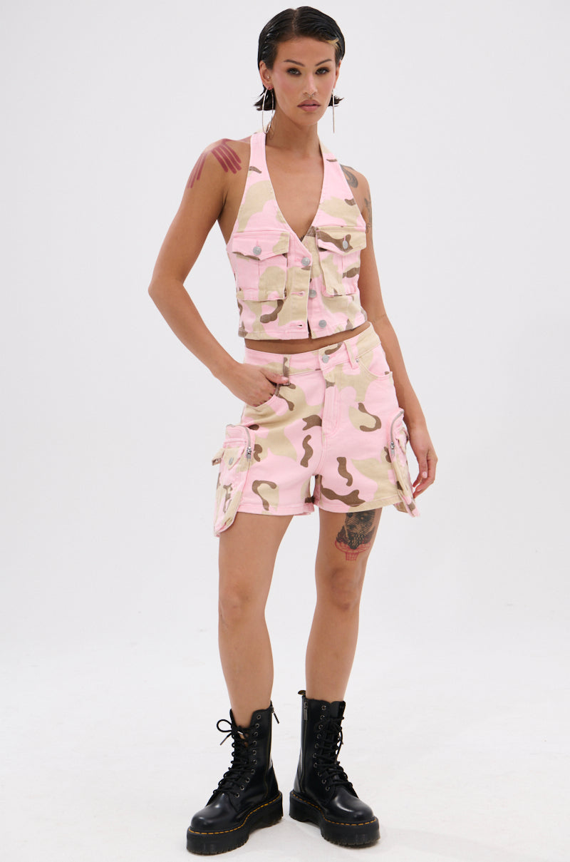GIRL POWER CAMO BUTTON DOWN HALTER TOP