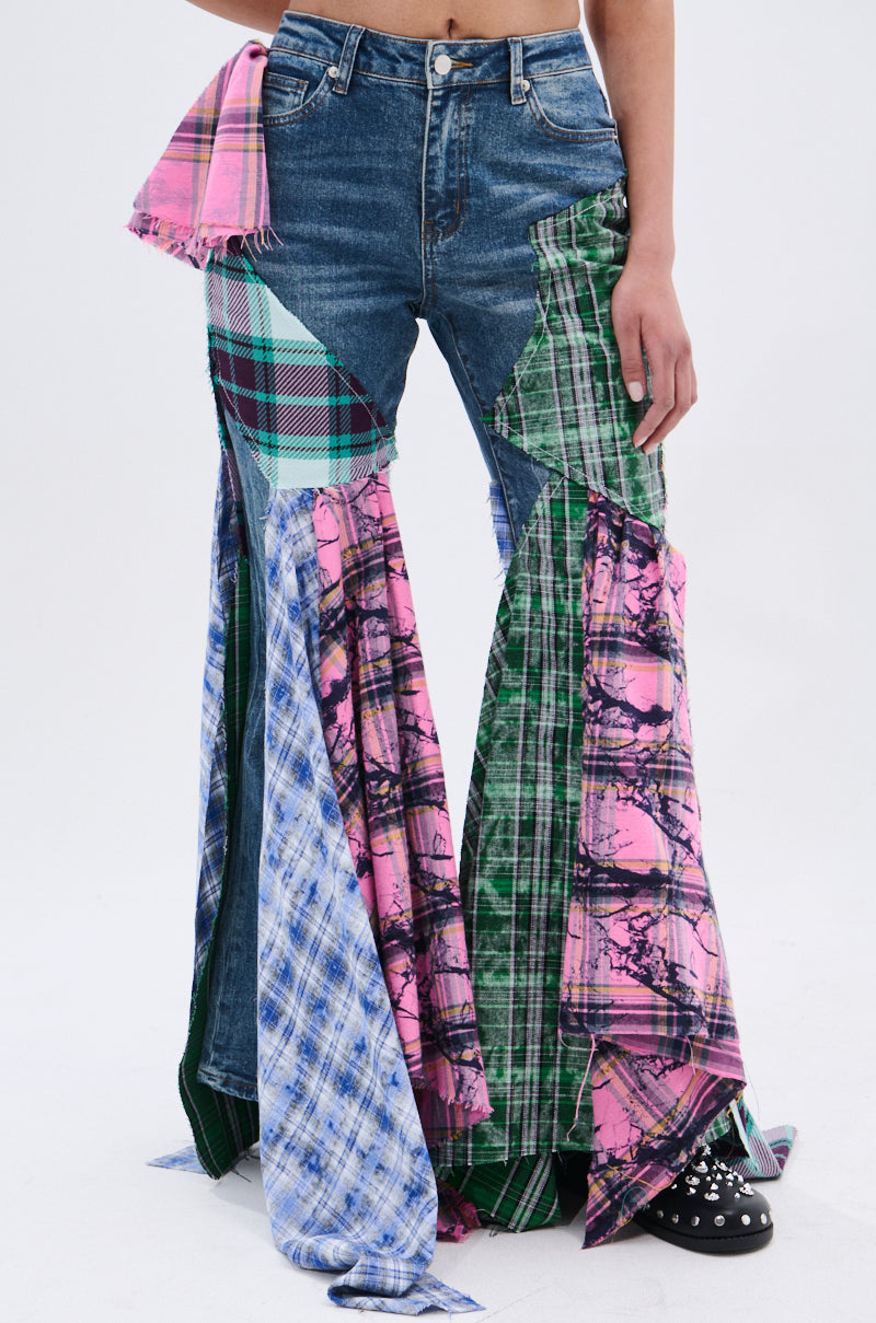 PLAID ON PLAID DENIM JEANS