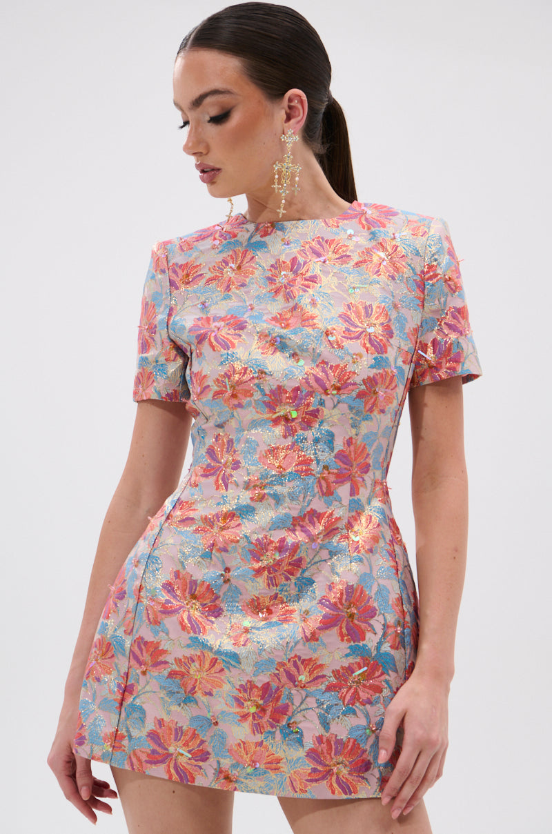 PRETTY IN PINK BROCADE BEADED MINI DRESS