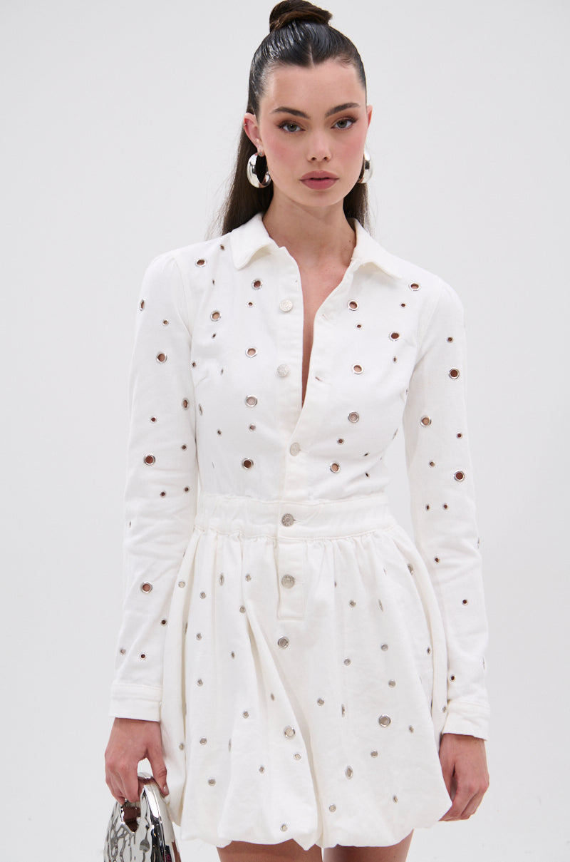 CUT IT OUT DENIM MINI DRESS WITH GROMMETS
