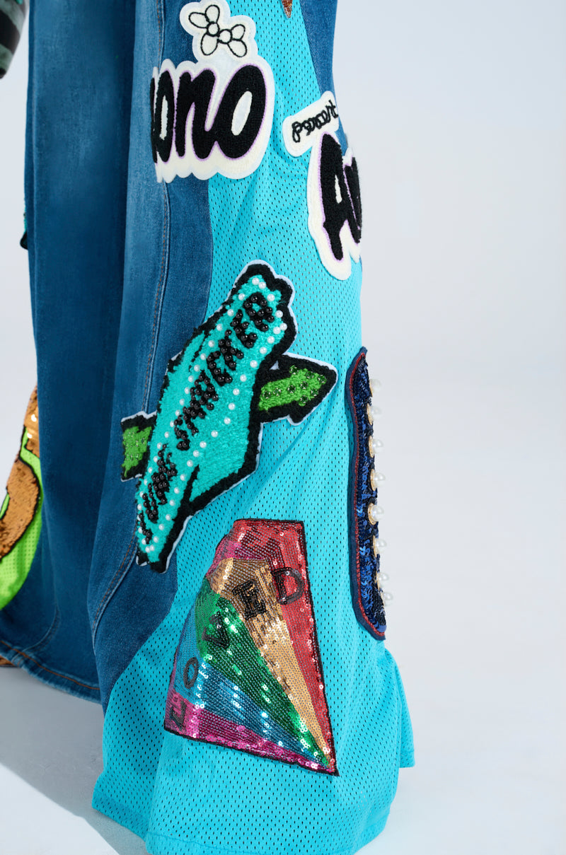 NOT SORRY PATCHWORK MEDIUM BLUE DENIM JEANS