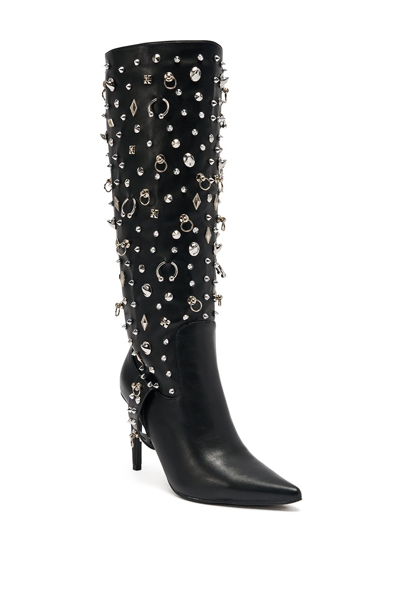 AZALEA WANG AKRISTA BLACK HARDWARE EMBELLISHED STILETTO KNEE HIGH BOOT