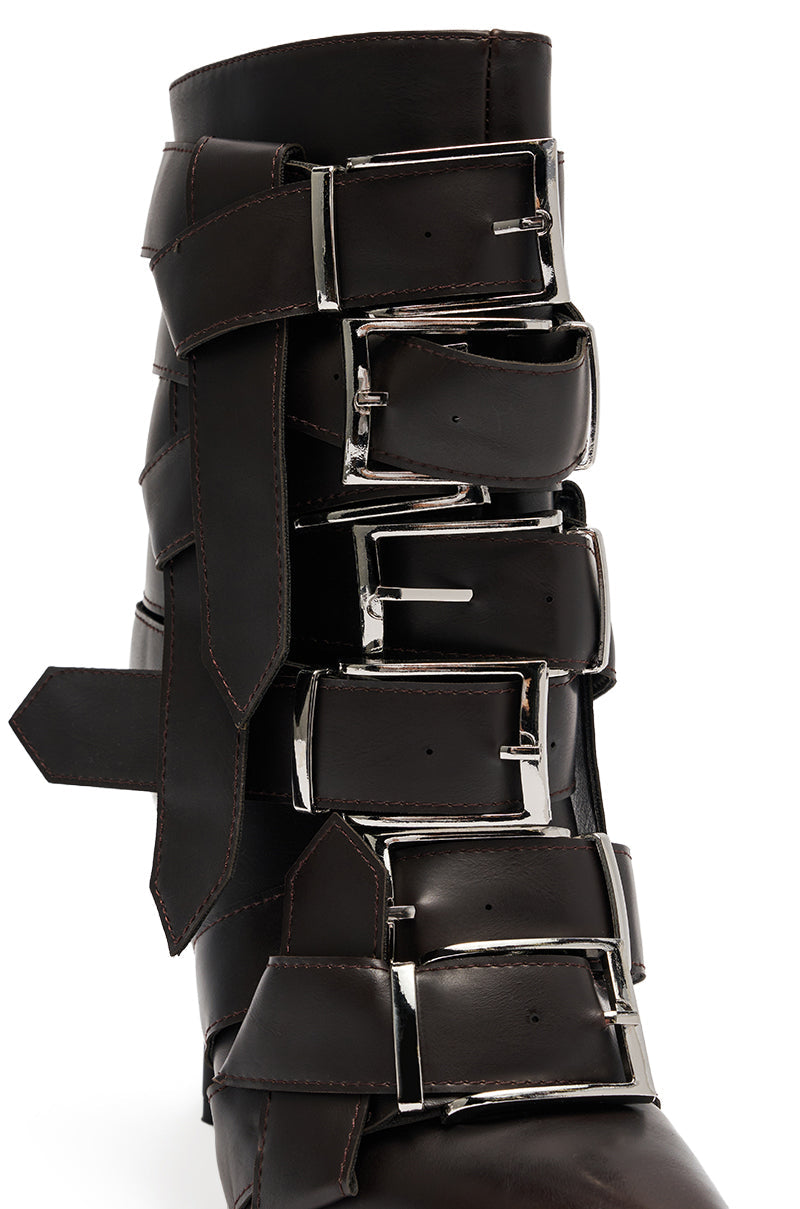 AZALEA WANG ALCETAS CHOCOLATE STILETTO BOOTIE WITH BUCKLES