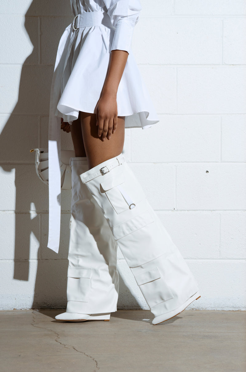AZALEA WANG ALEXIA FOLD OVER WEDGE BOOT IN WHITE