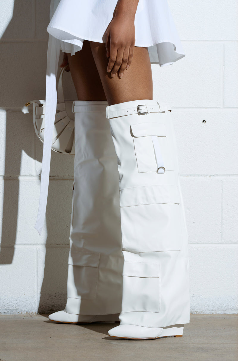 AZALEA WANG ALEXIA FOLD OVER WEDGE BOOT IN WHITE