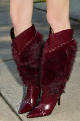 AZALEA WANG ALISETTE BURGUNDY MIXED MATERIAL FUR AND SNAKE STILETTO BOOT