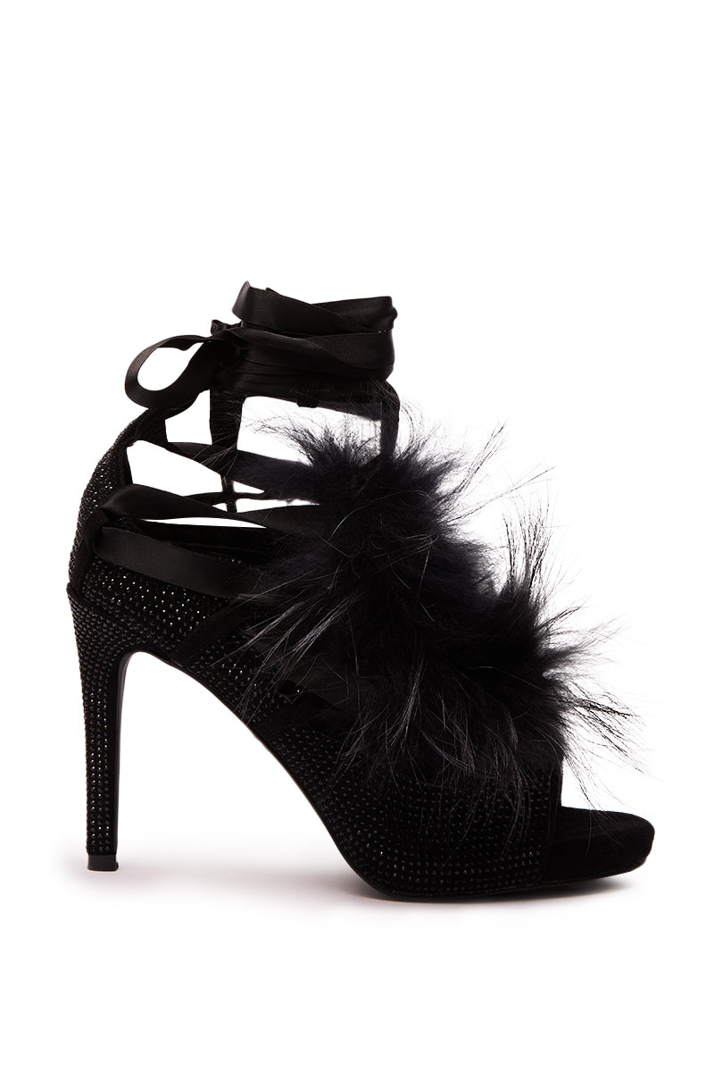 AZALEA WANG ANTIRI BLACK SPARKLE AND FUR SANDAL