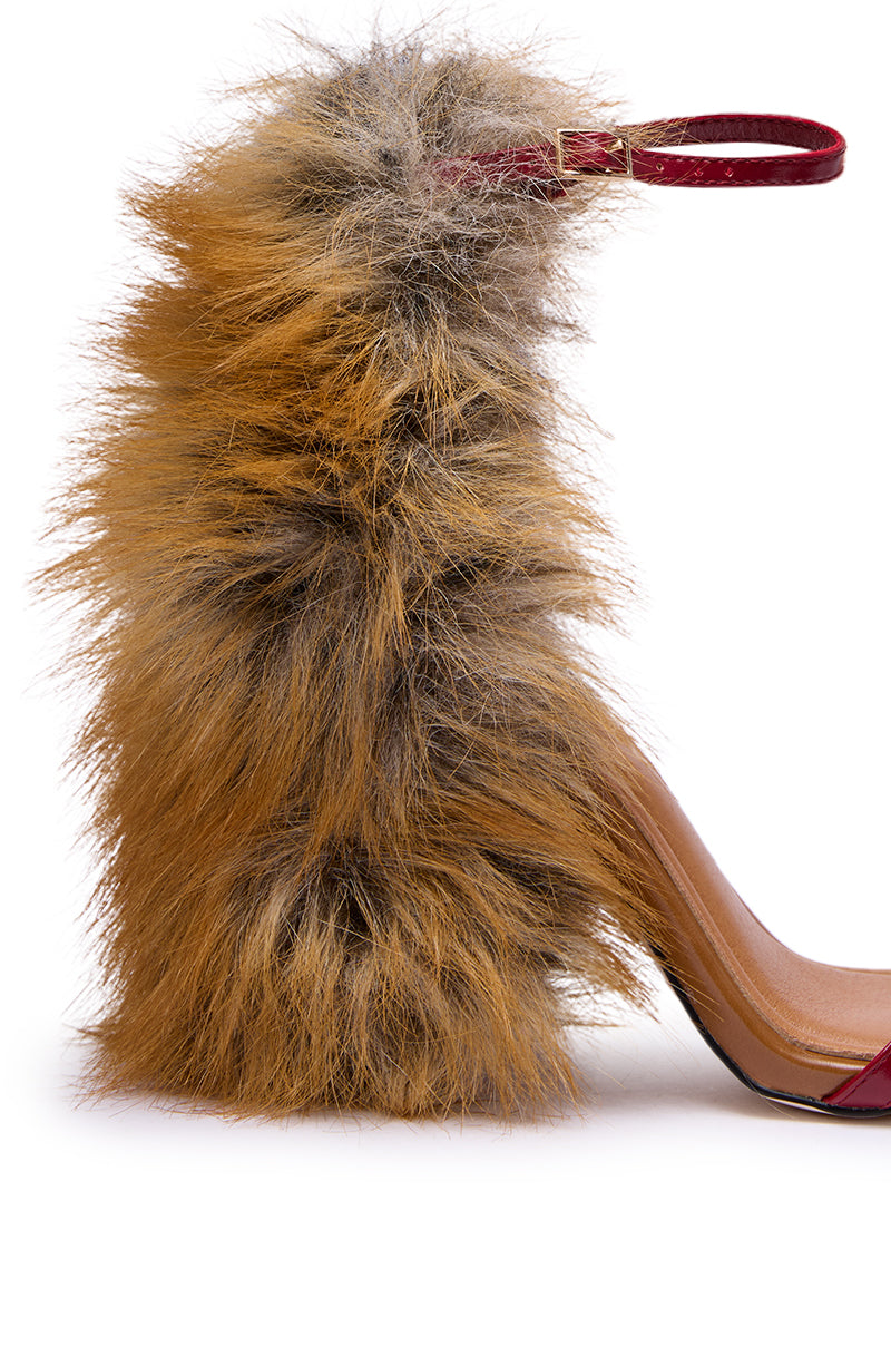 AZALEA WANG ARETTE RED FOX FUR CHUNKY HEEL STRAP SANDAL
