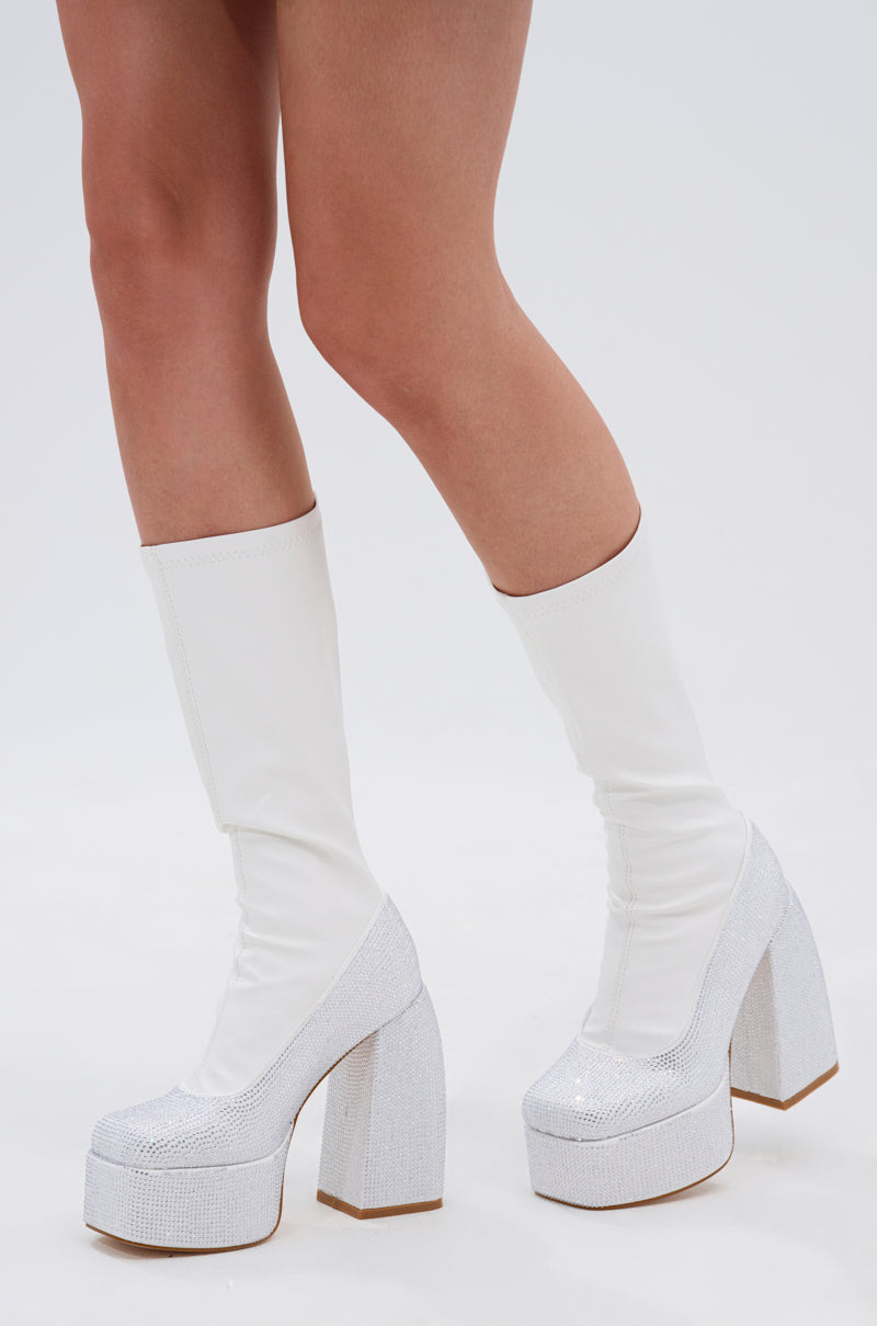 AZALEA WANG AURONNE WHITE AND RHINESTONE CHUNKY BOOT
