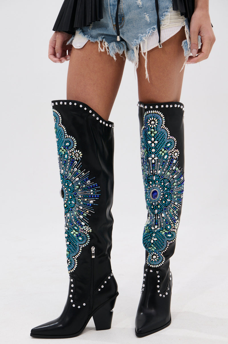 AZALEA WANG AXELBEAT BLACK EMBELLISHED WESTERN BOOT