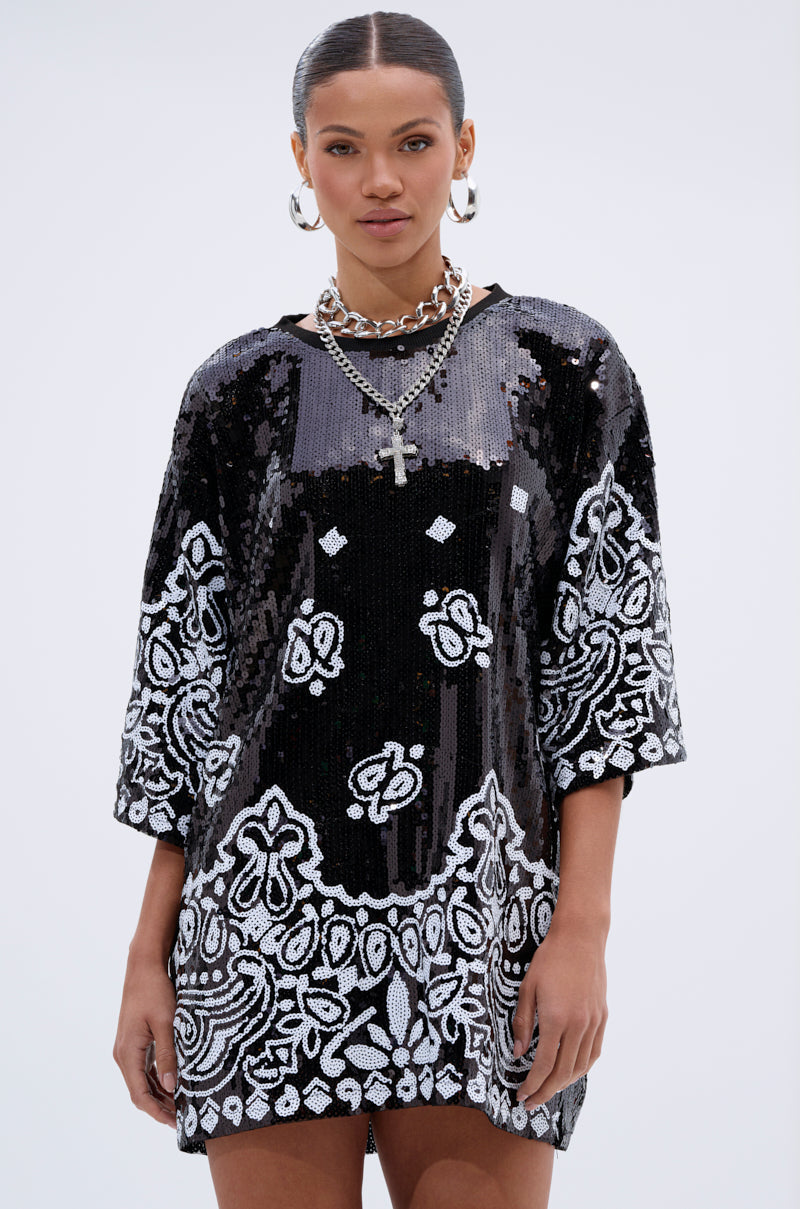 BOUJEE BANDANA SEQUIN MINI DRESS IN BLACK