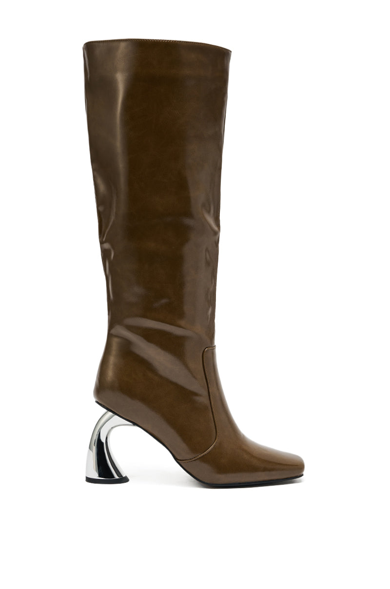 AZALEA WANG BEHRAM OLIVE CURVED CHUNKY HEEL KNEE HIGH BOOT