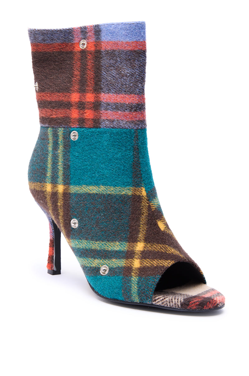 AZALEA WANG BIRD SONG PLAID MULTI OPEN TOE SNAP BOOTIE