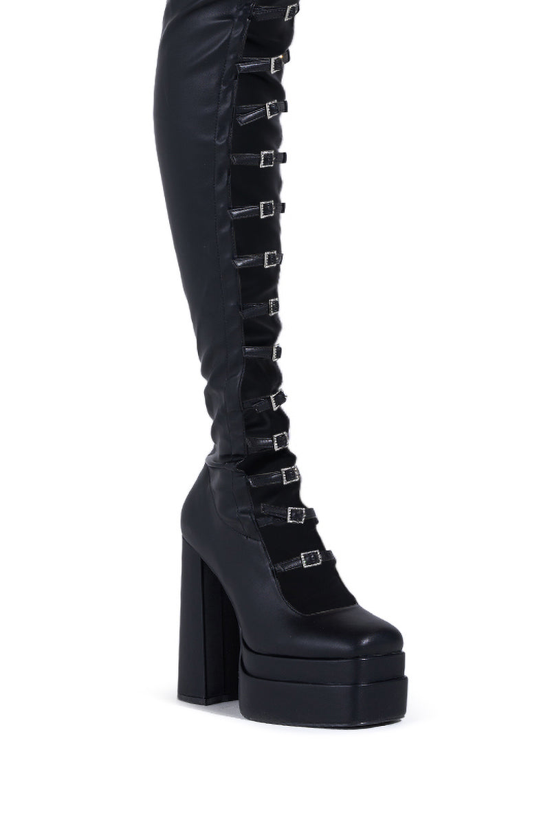 AZALEA WANG BRYNNE BLACK CHUNKY PLATFORM BOOT WITH RHINESTONE BUCKLES