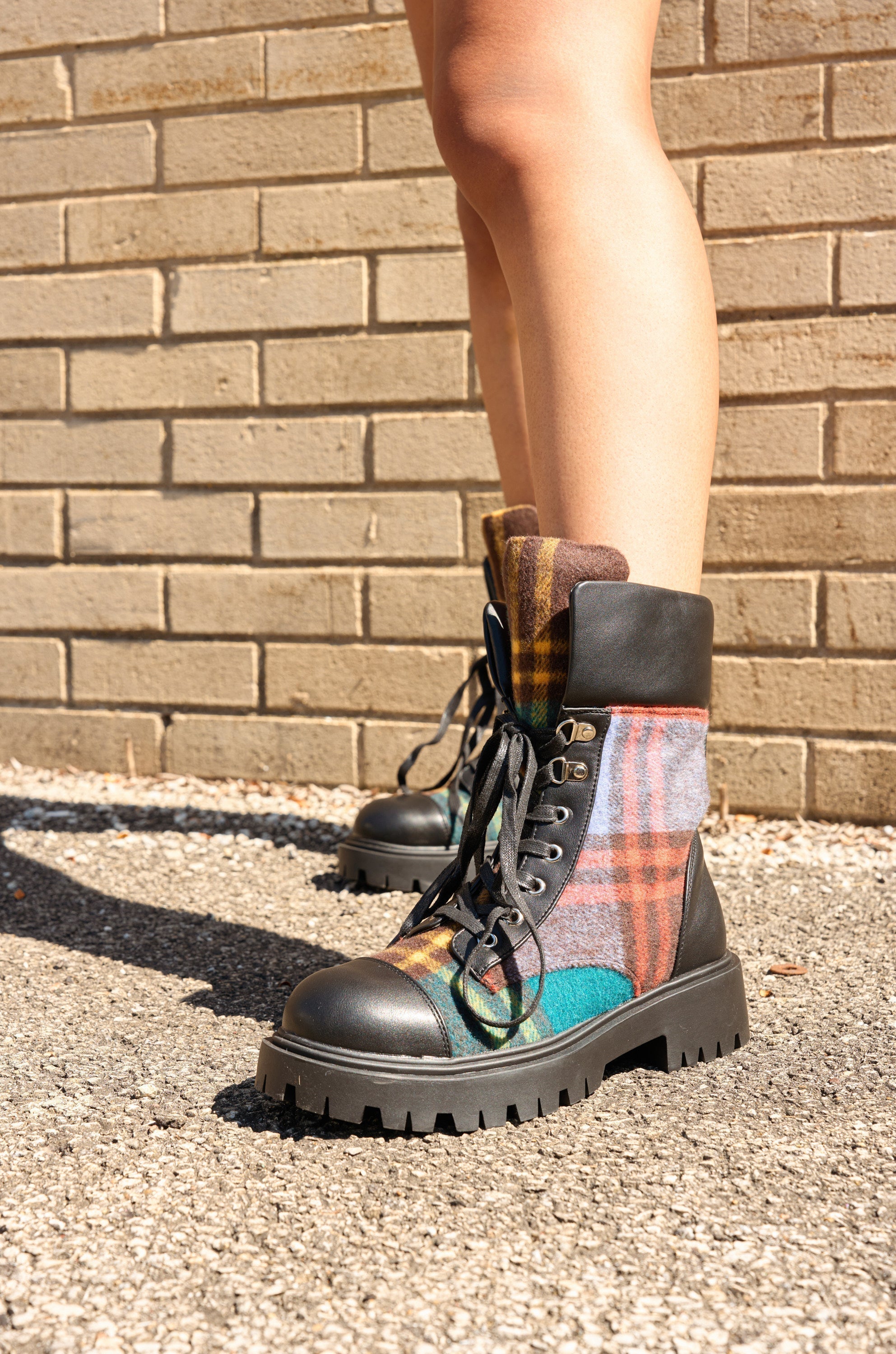 AZALEA WANG CALIBAN BLACK MULTI PLAID COMBAT BOOTIE