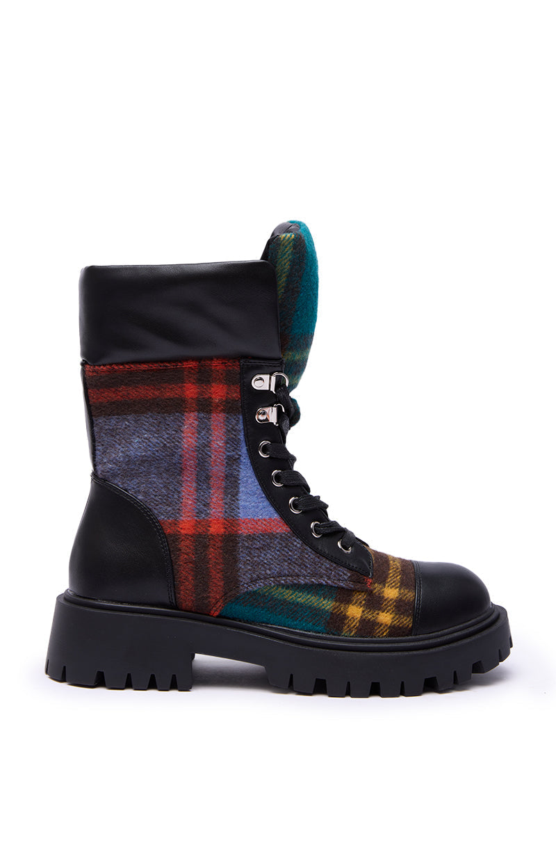 AZALEA WANG CALIBAN BLACK MULTI PLAID COMBAT BOOTIE