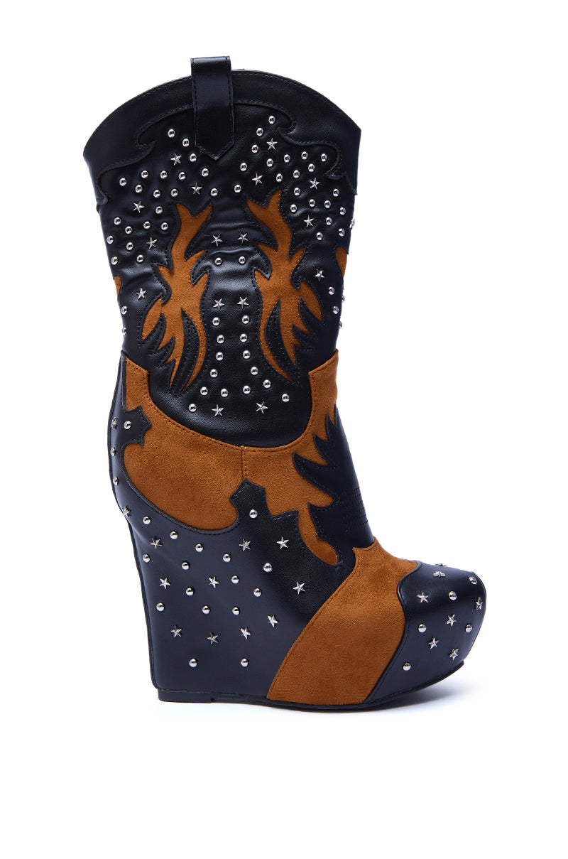 AZALEA WANG CALLIA BLACK MULTI WESTERN WEDGE BOOTIE