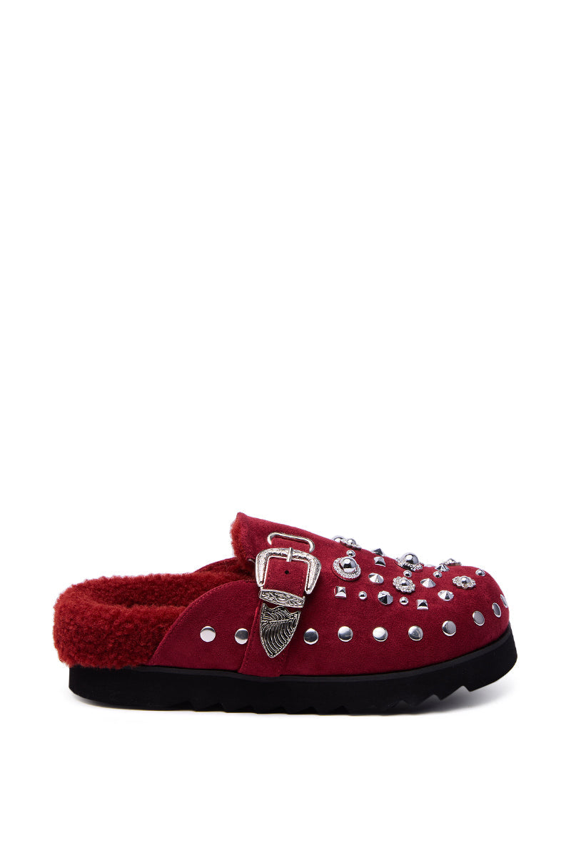 AZALEA WANG CHATTER BURGUNDY FUR SLIP ON CLOG