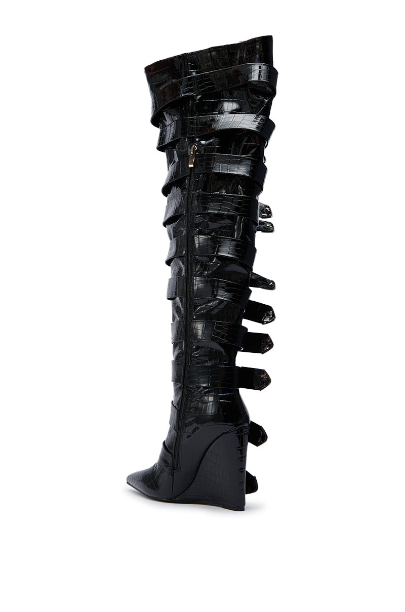 AZALEA WANG CINZIA BLACK CROC BUCKLE WEDGE BOOT