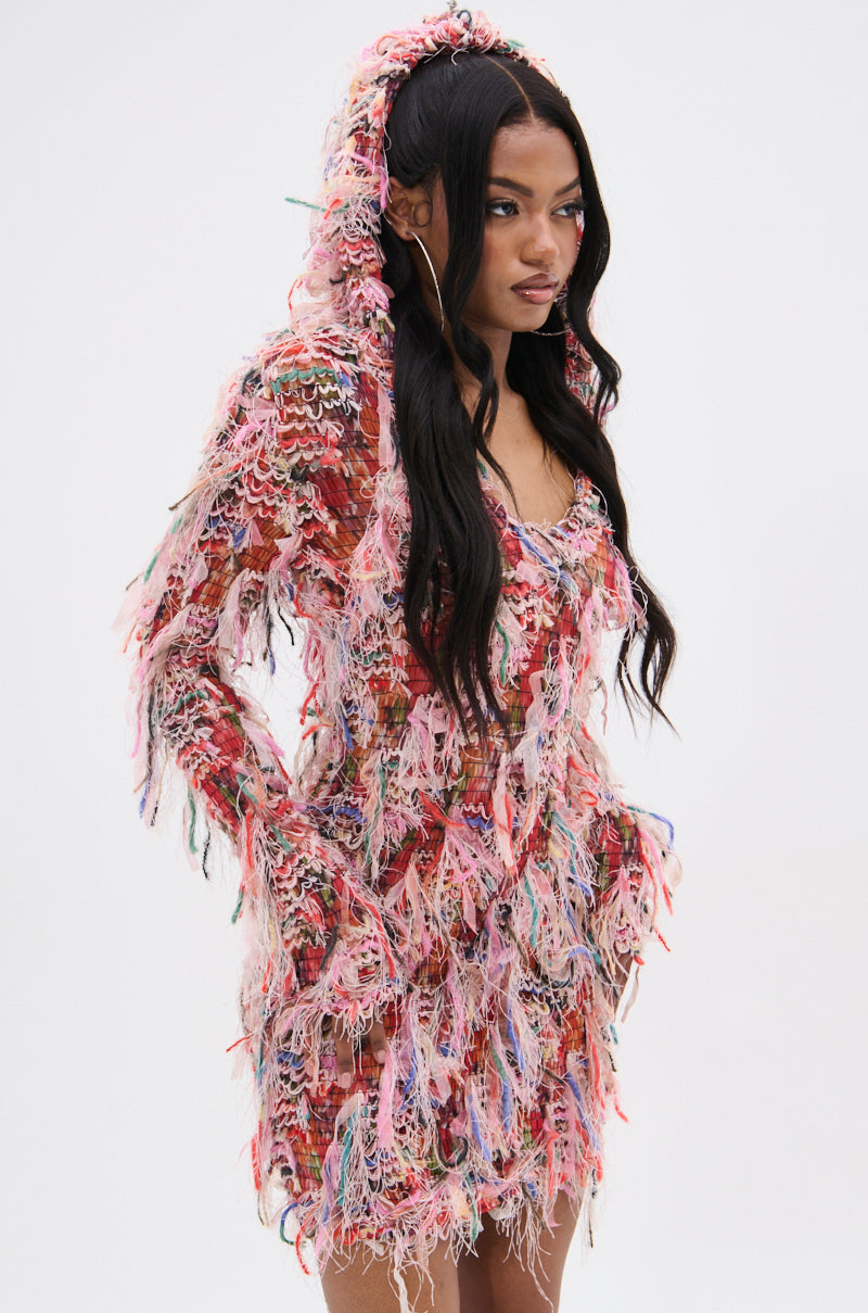 DAYDREAMING FRINGE MINI DRESS WITH A HOOD