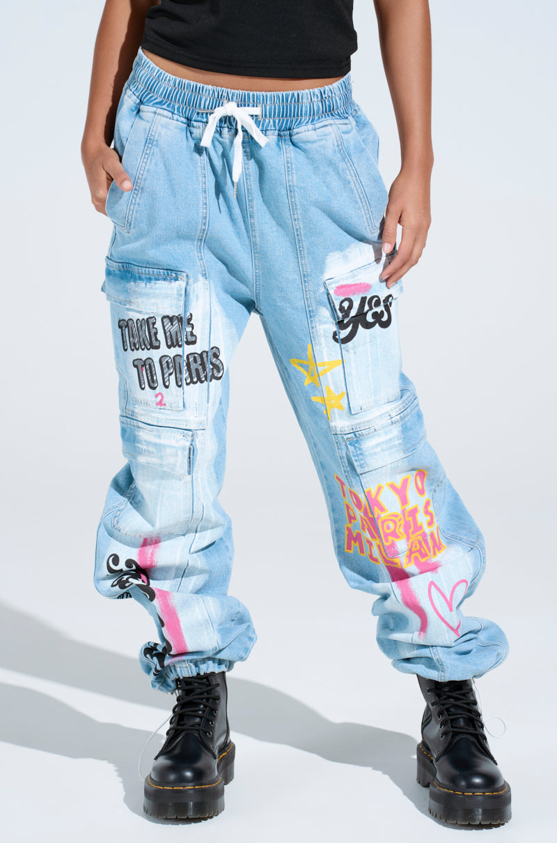 FIRST CLASS TICKET GRAPHIC CARGO RELAXED LEG JEANS