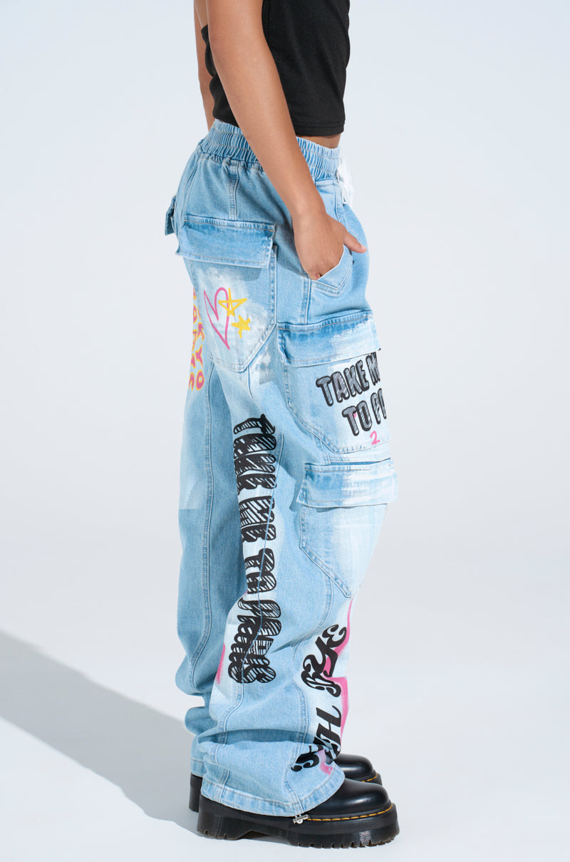 FIRST CLASS TICKET GRAPHIC CARGO RELAXED LEG JEANS