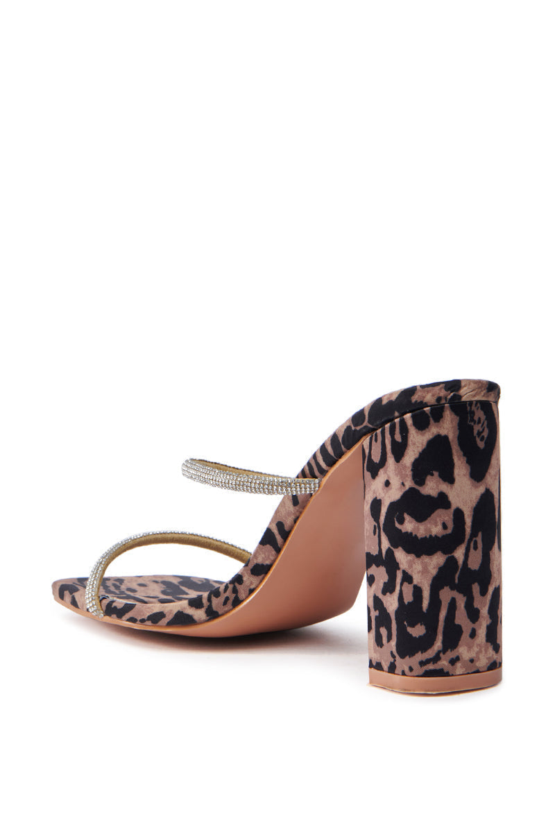 AZALEA WANG EULALIA LEOPARD SLIP ON SANDAL WITH RHINESTONE STRAPS