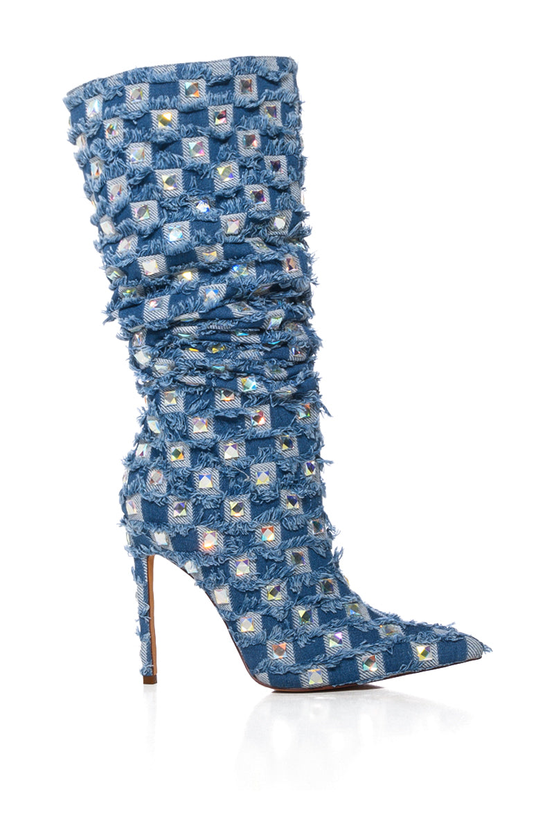 AZALEA WANG EVE DENIM KNEE HIGH EMBELLISHED BOOT