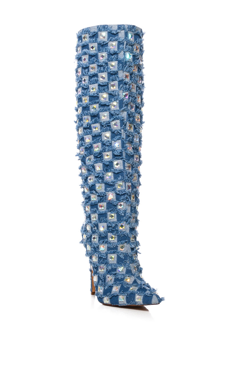 AZALEA WANG EVE DENIM KNEE HIGH EMBELLISHED BOOT