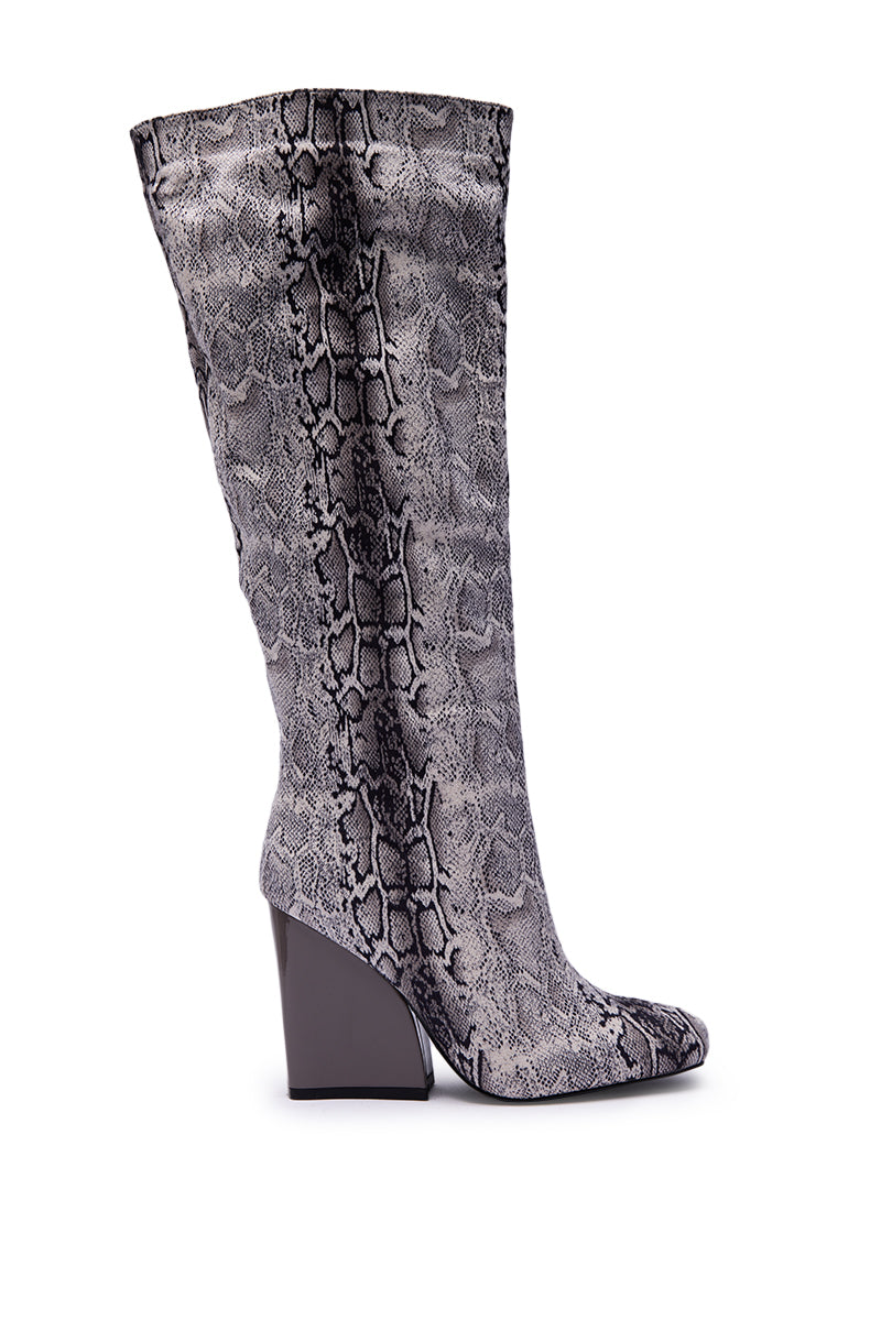 AZALEA WANG EVERGREEN GREY SNAKE PRINT CHUNKY HEEL BOOT