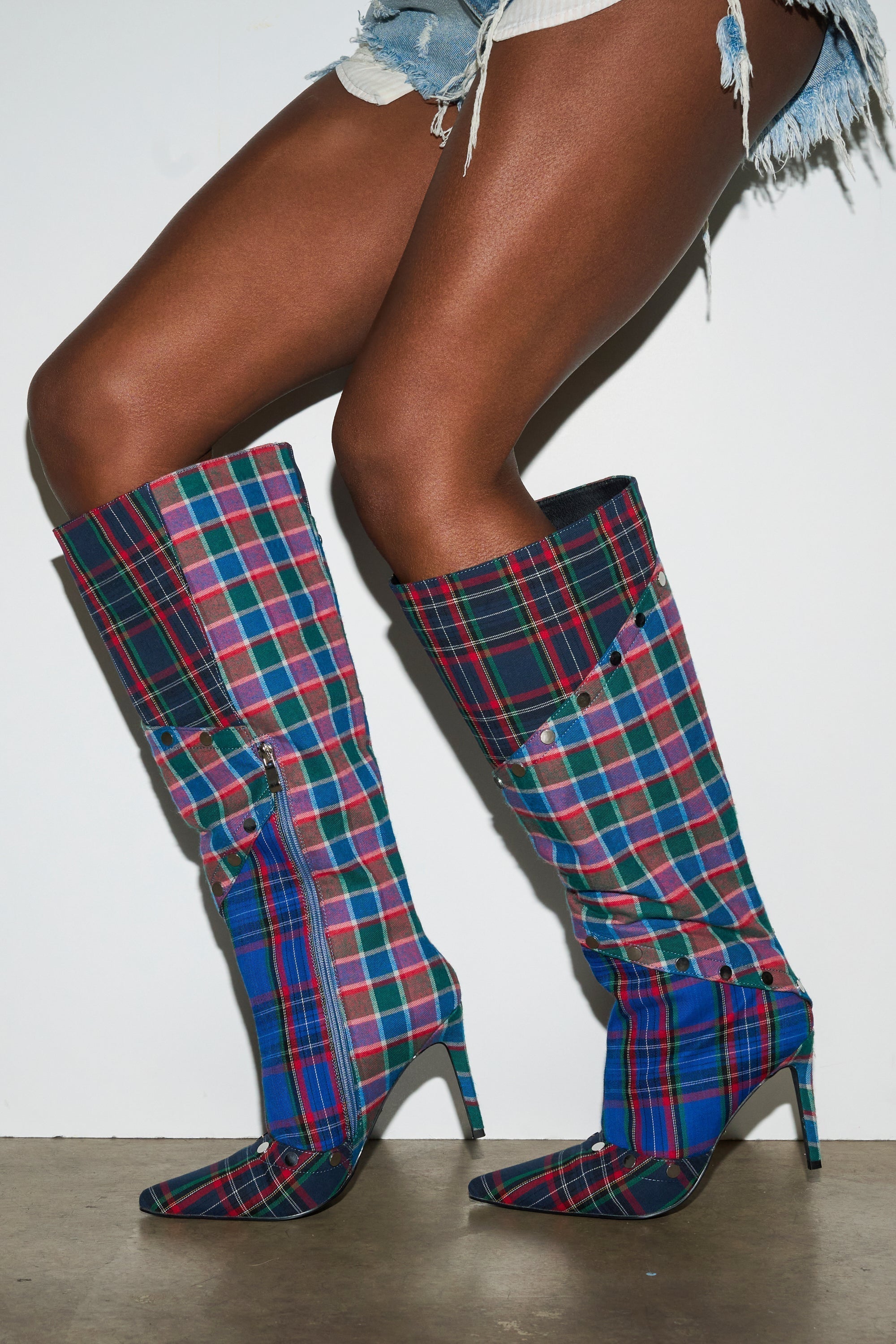AZALEA WANG FENMORE PLAID MULTI COLOR BLOCKED STILETTO BOOT