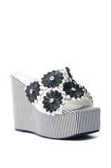AZALEA WANG FREA WHITE AND BLACK STRIPED FLORAL WEDGE SANDAL