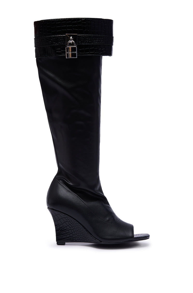 AZALEA WANG GLENNA BLACK STRETCH PU WEDGE BOOT