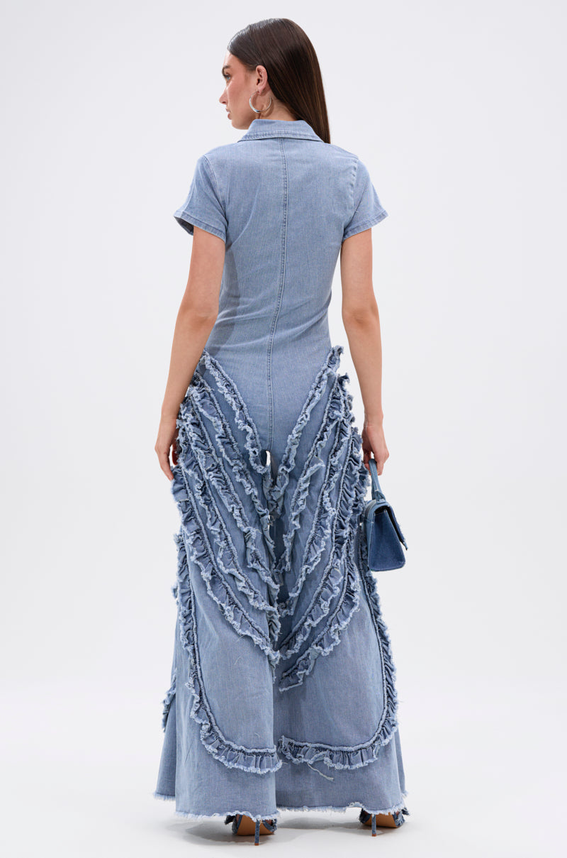 LEAVE IT RUFFLED JUMPSUIT IN DENIM