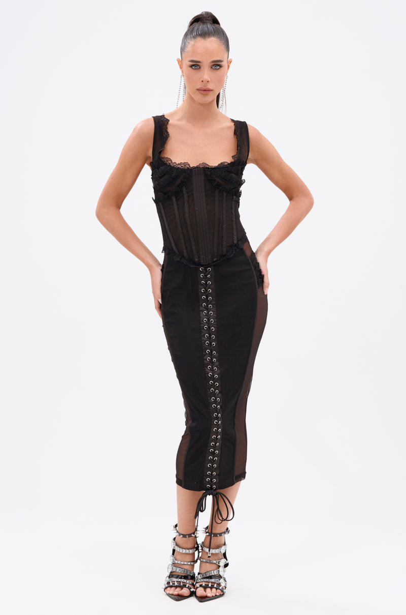 LET ME REMIND YOU LACE UP MESH MIDI DRESS
