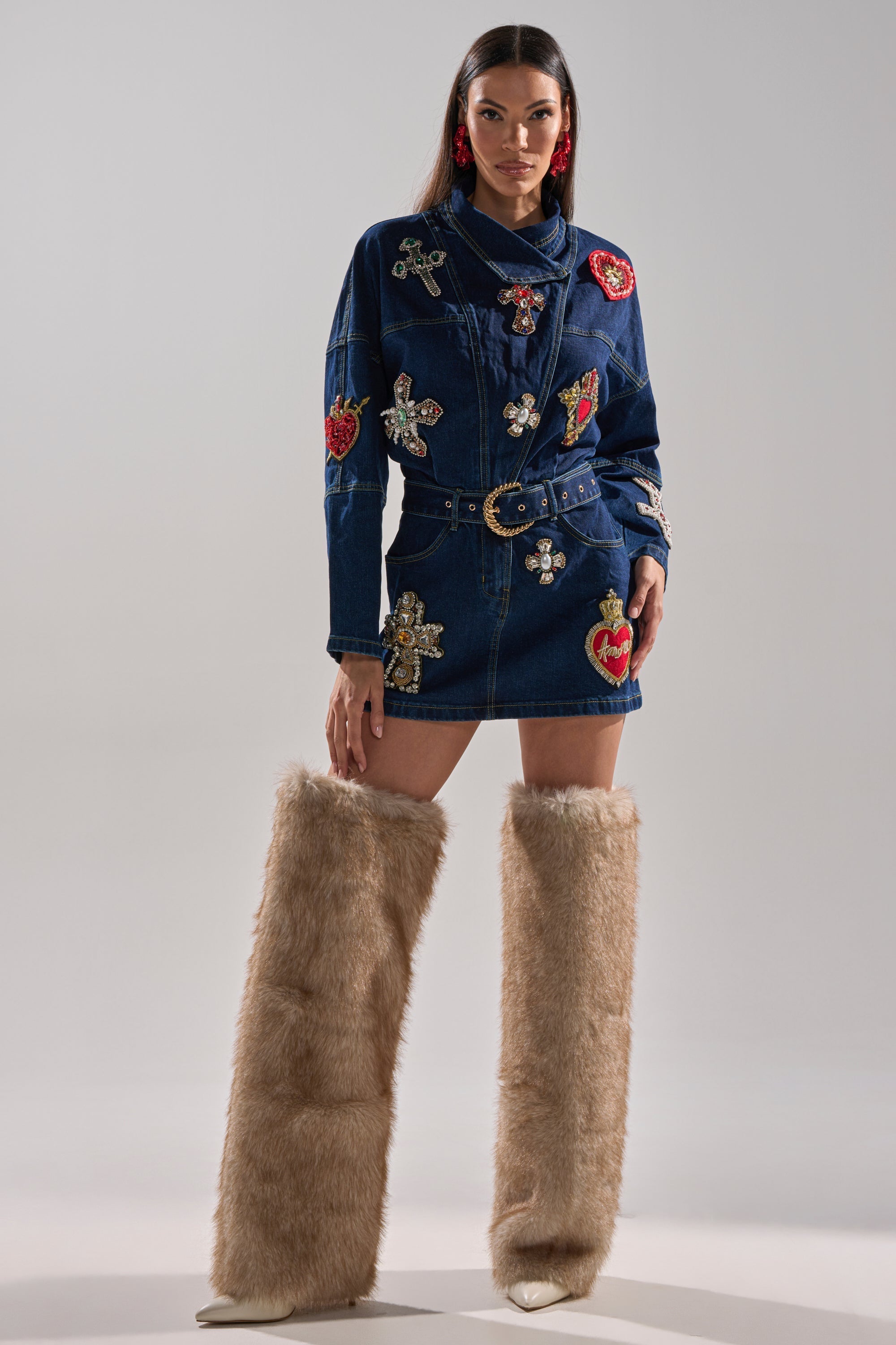 PRETTIEST PROBLEM DENIM PATCHWORK MINI DRESS