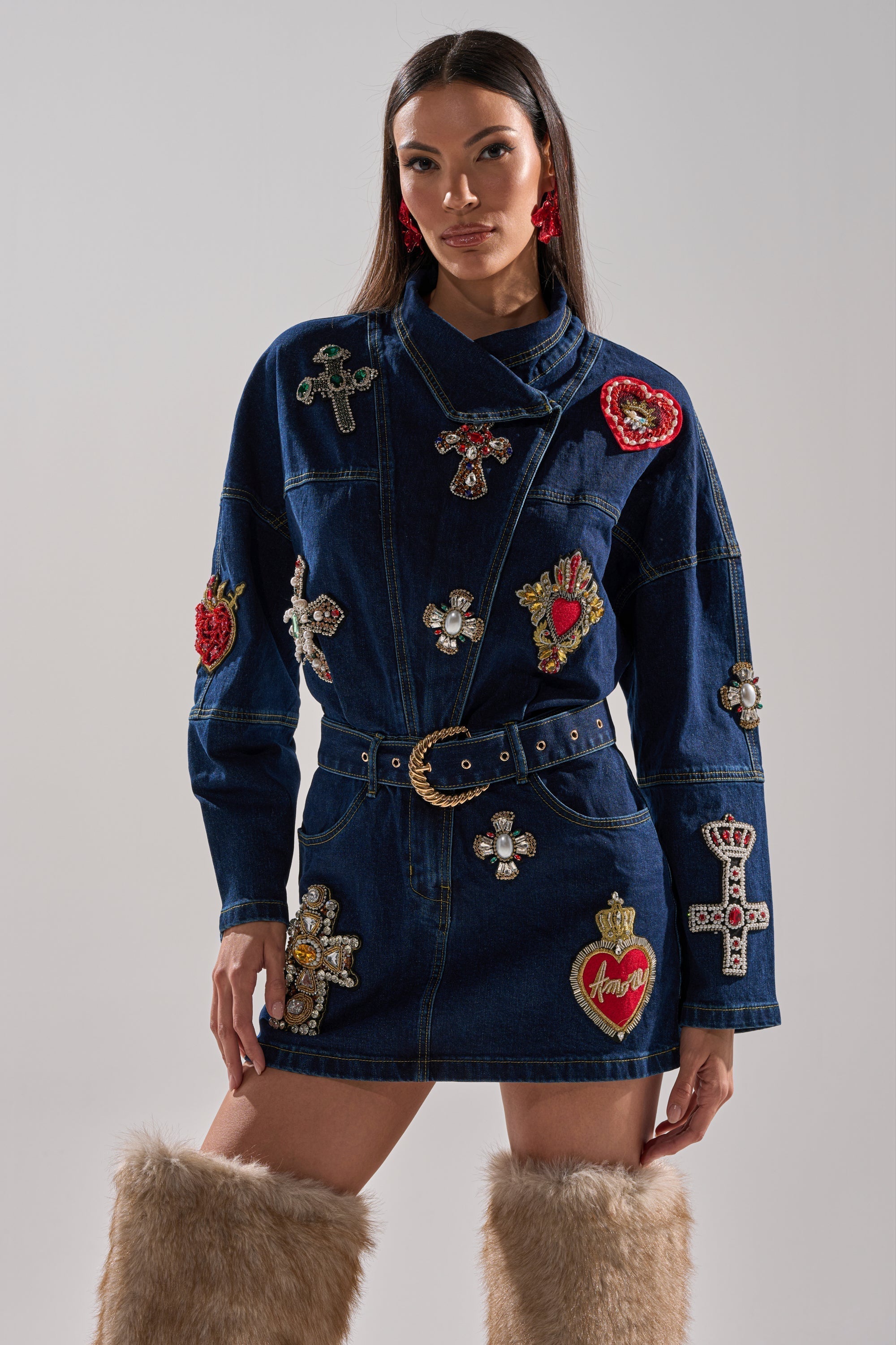 PRETTIEST PROBLEM DENIM PATCHWORK MINI DRESS
