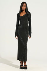 IMA SHINE RHINESTONE HOODED MIDI DRESS IN BLACK