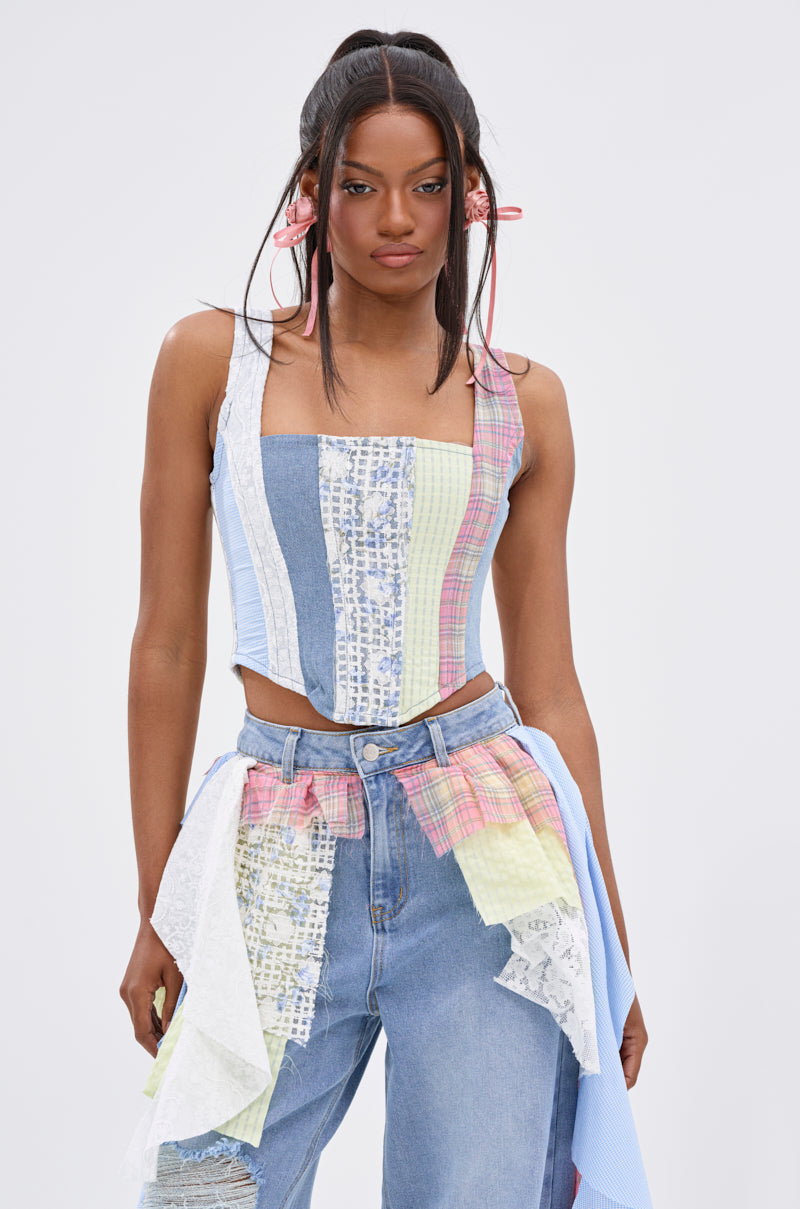 LET THE FUN BEGIN MIXED PLAID CORSET TOP