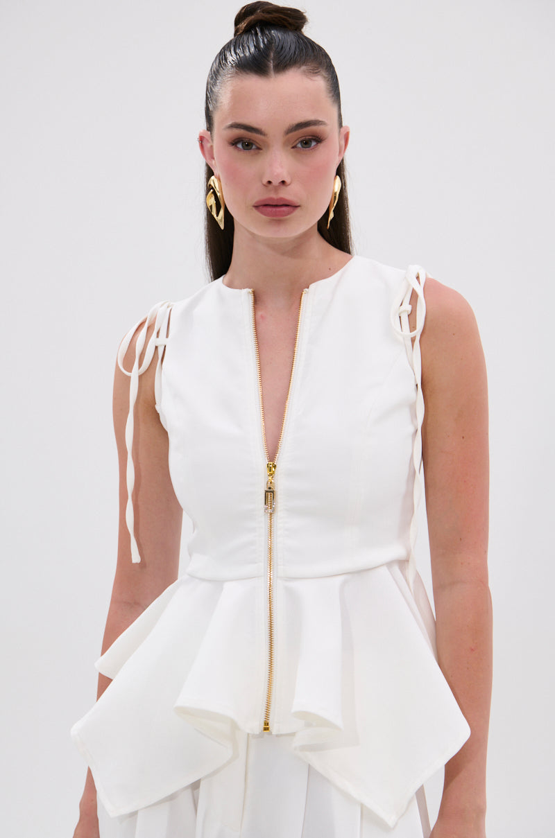 PEPLUM FRONT ZIP SLEEVELESS BLOUSE IN WHITE