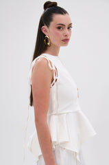 PEPLUM FRONT ZIP SLEEVELESS BLOUSE IN WHITE