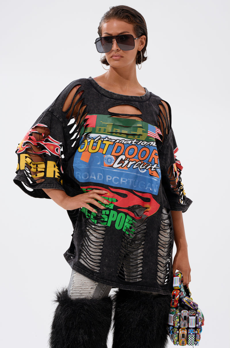 OFF TO THE RACES DISTRESSED OVERSIZED TEE